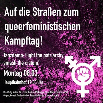 fight the patriarchy, smash the system! Montag 08.03. Hauptbahnhof 17 Uhr. Missmutig, antifa wü, eg wü, gruppe klein nizza, seebrücke wü, gegen_gewalt, fem. Theaterkollektiv, schwarzlicht wü